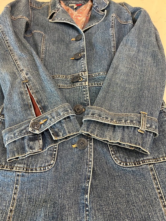 Tommy Hilfiger Y2K Stretch Denim Coat Floral Paisley Lined Long Jacket Size L - Picture 5 of 16